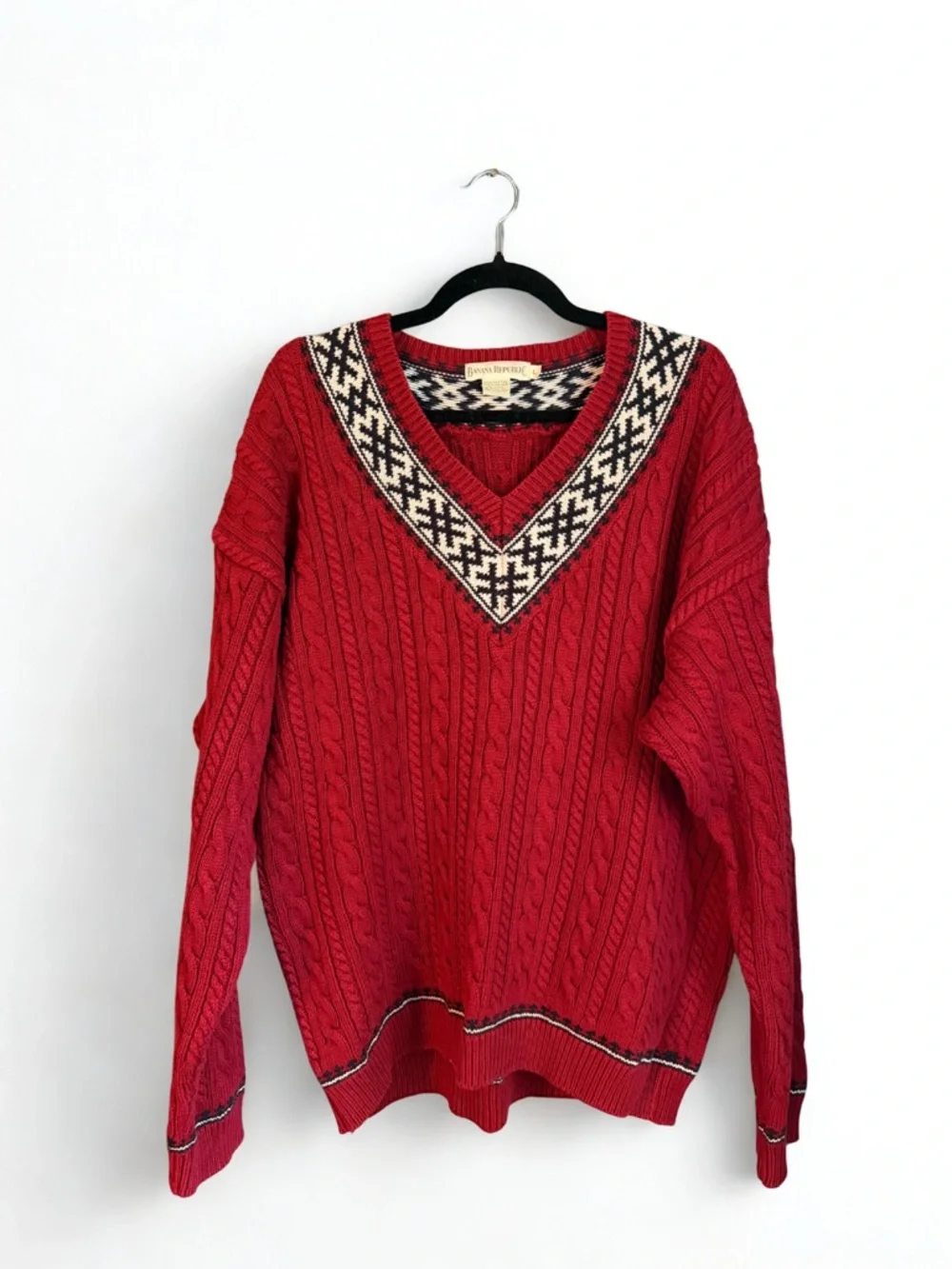 90’s Banana Republic Red Cable-Knit V-Neck Fair Isle Sweater